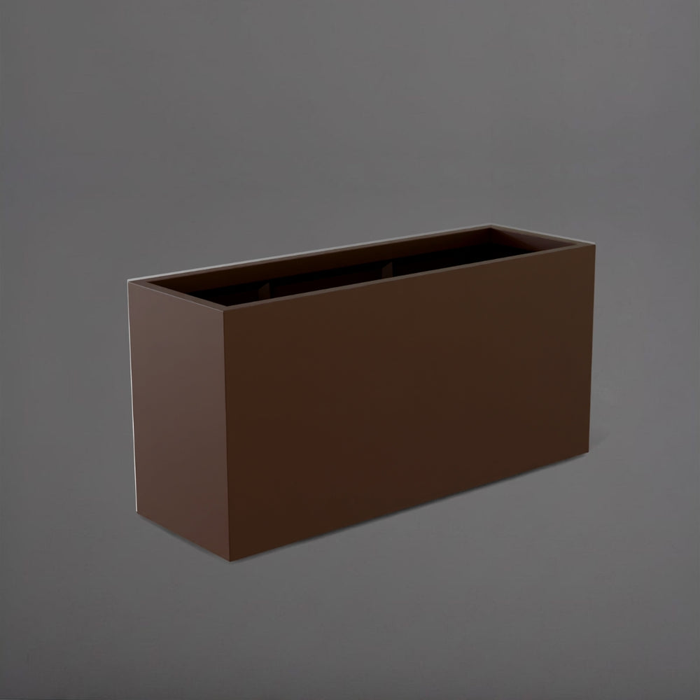 Tolga Rectangle Fiberglass Planter in matte dark brown against gray background.