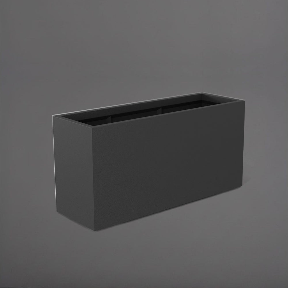 Tolga Rectangle Fiberglass Planter in matte gunmetal against gray background.