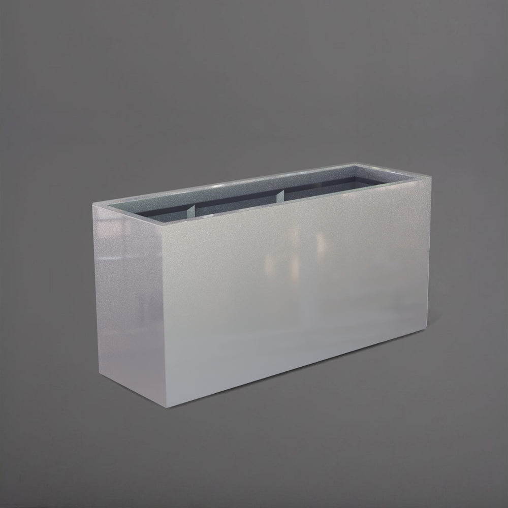 Tolga Rectangle Fiberglass Planter in metallic silver against gray background.