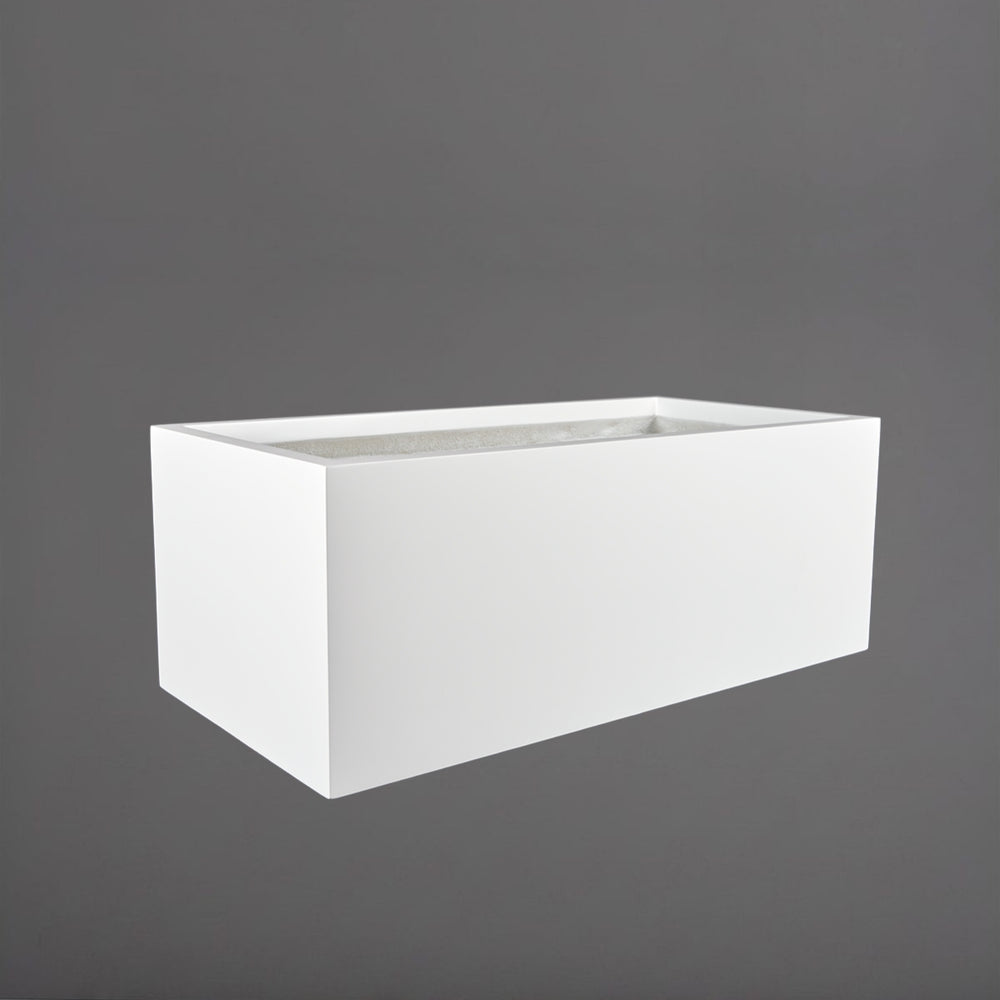 Torino Wide Rectangle Fiberglass Planter in gloss bright white against gray background.