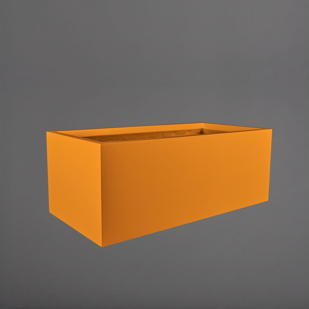 Torino Wide Rectangle Fiberglass Planter in gloss tangerine against gray background.