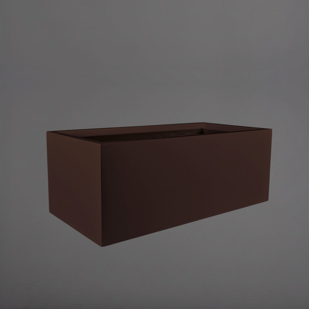 Torino Wide Rectangle Fiberglass Planter in matte dark brown against gray background.