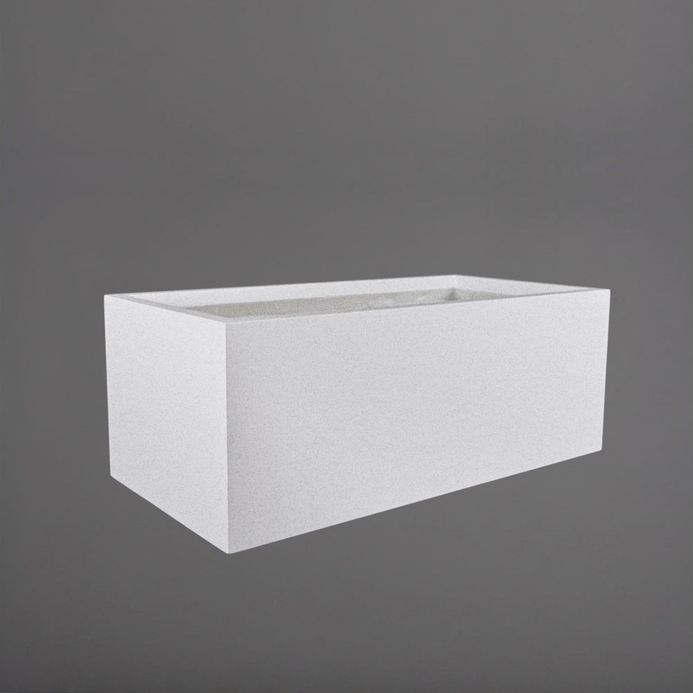 Torino Wide Rectangle Fiberglass Planter in metallic silver against gray background.