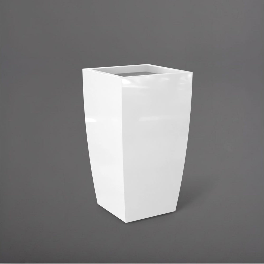 Toulan Tall Tapered Square Fiberglass Planter in gloss bright white against gray background.