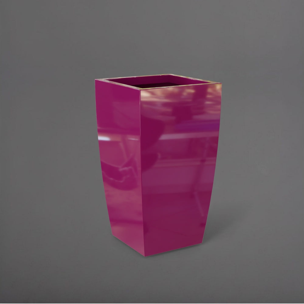 Toulan Tall Tapered Square Fiberglass Planter in gloss eggplant against gray background.