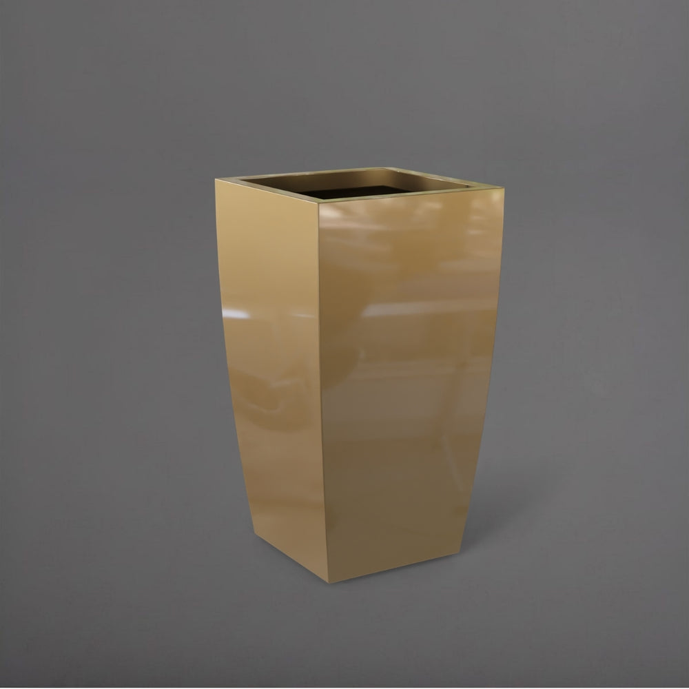 Toulan Tall Tapered Square Fiberglass Planter in gloss metallic gold against gray background.