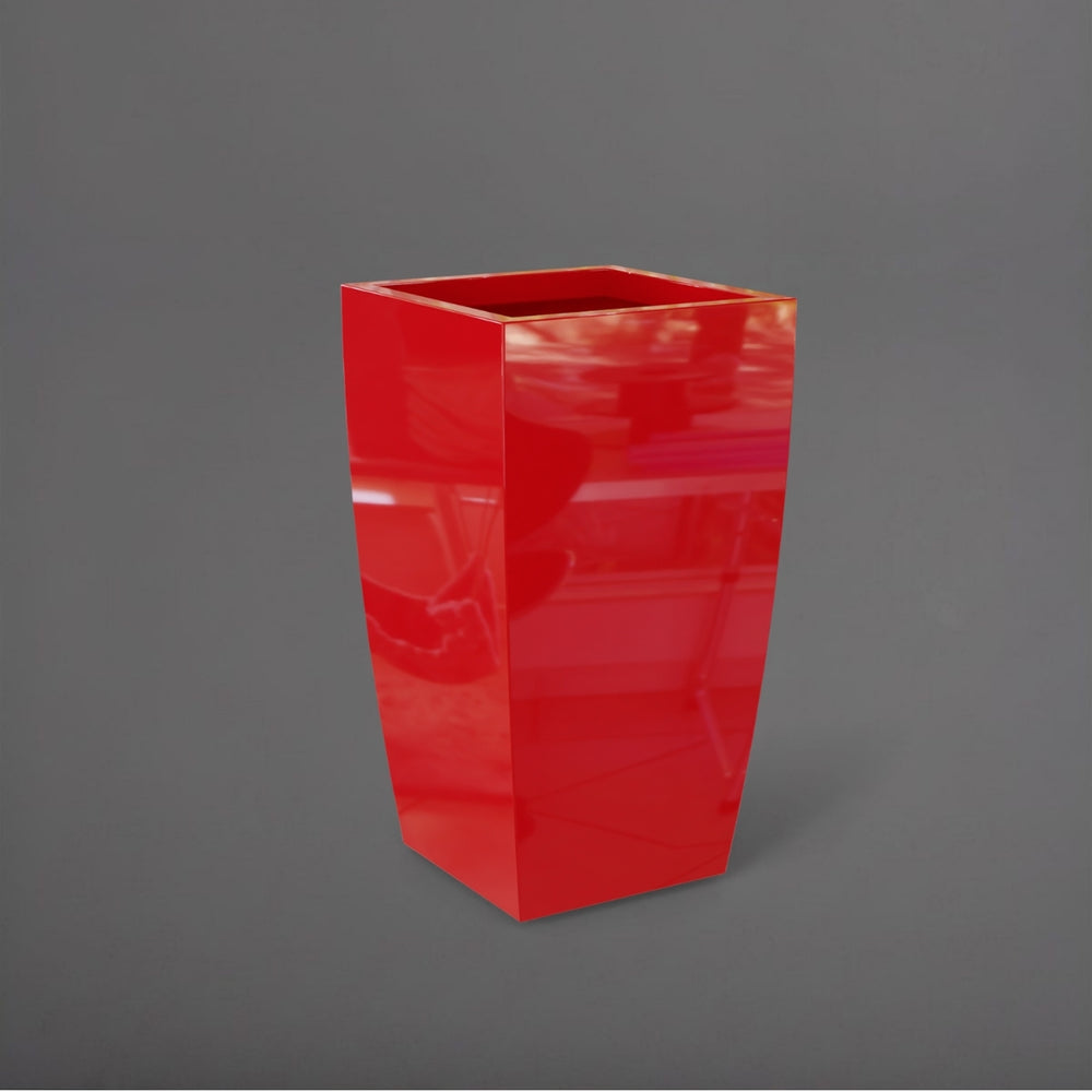 Toulan Tall Tapered Square Fiberglass Planter in gloss red against gray background.