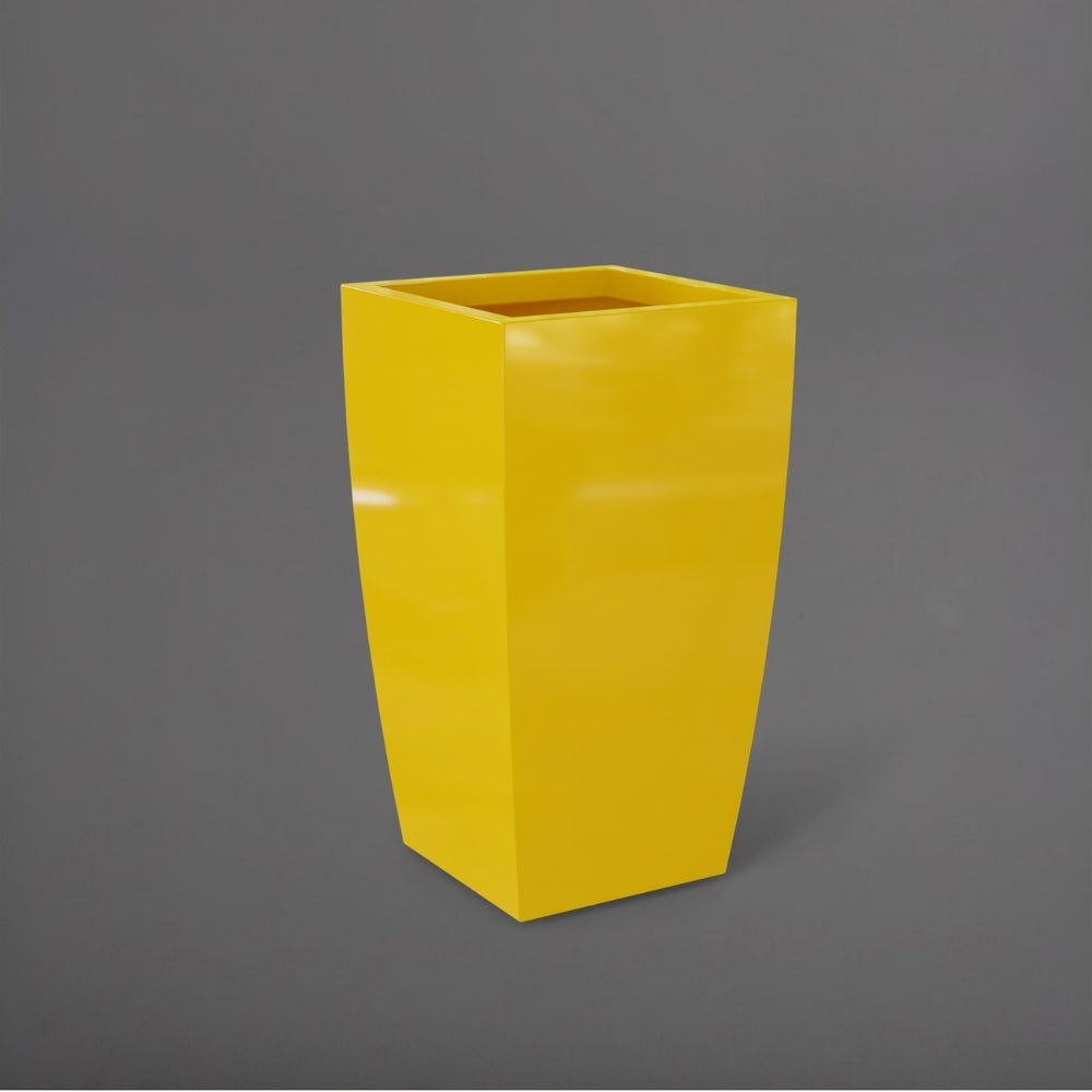 Toulan Tall Tapered Square Fiberglass Planter in gloss saffron against gray background.