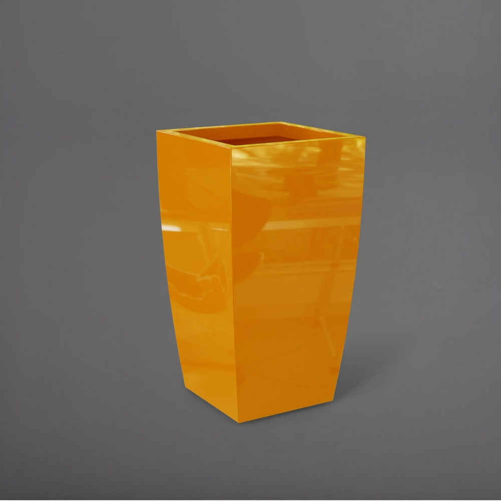 Toulan Tall Tapered Square Fiberglass Planter in gloss tangerine against gray background.