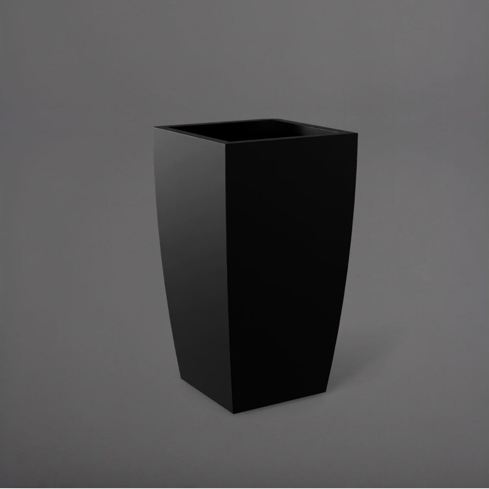 Toulan Tall Tapered Square Fiberglass Planter in matte black against gray background.