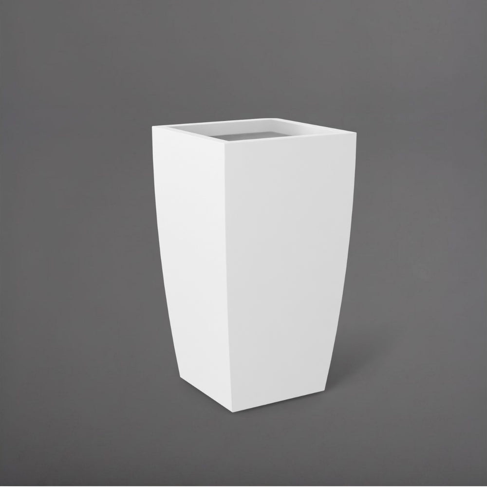 Toulan Tall Tapered Square Fiberglass Planter in matte bright white against gray background.