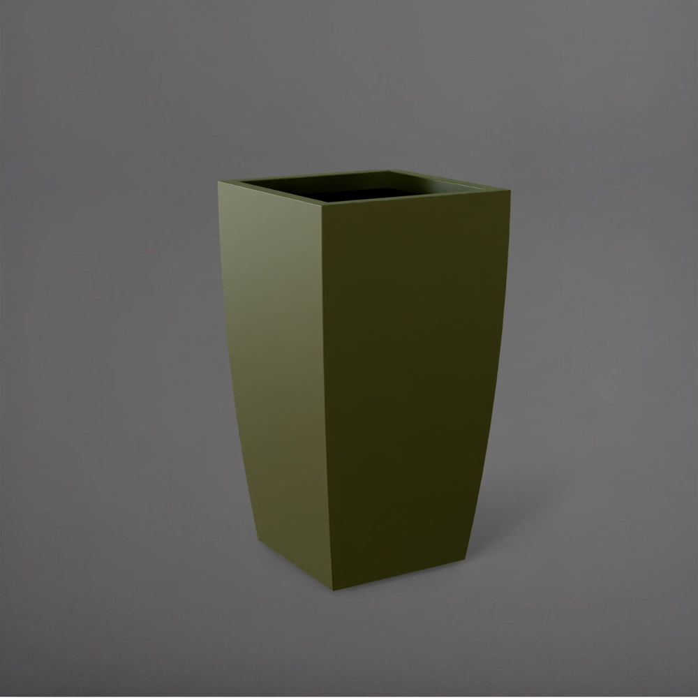 Toulan Tall Tapered Square Fiberglass Planter in matte bronze against gray background.