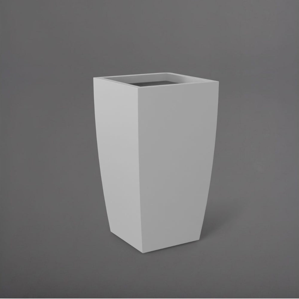Toulan Tall Tapered Square Fiberglass Planter in matte cement grey against gray background.