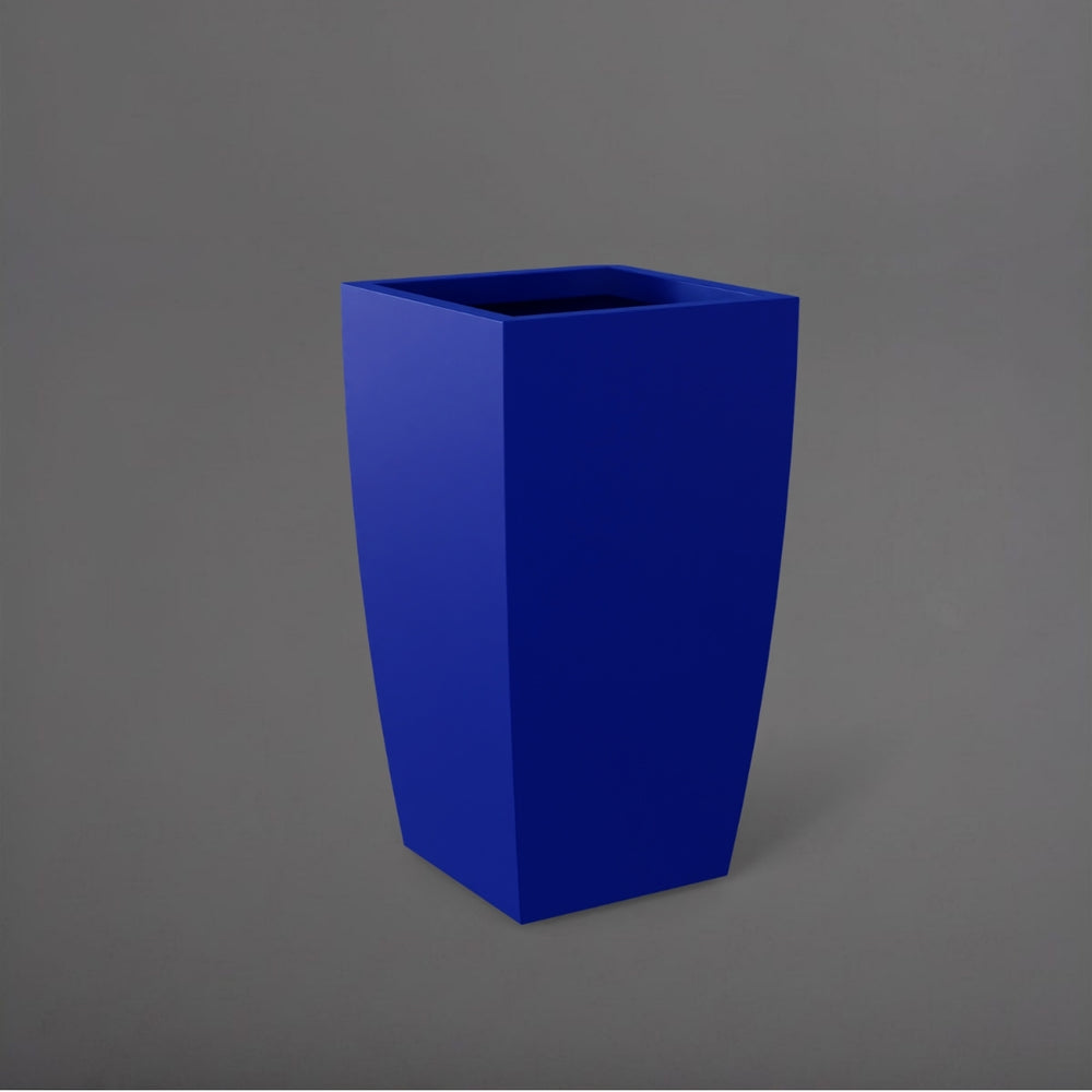Toulan Tall Tapered Square Fiberglass Planter in matte cobalt blue against gray background.