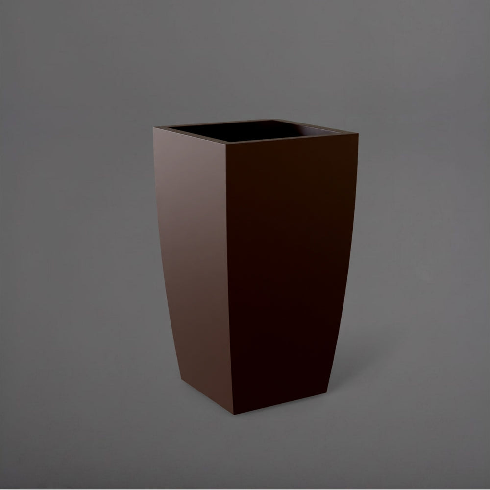 Toulan Tall Tapered Square Fiberglass Planter in matte dark brown against gray background.