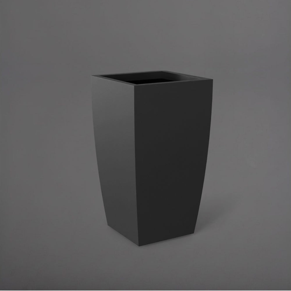 Toulan Tall Tapered Square Fiberglass Planter in matte gunmetal against gray background.
