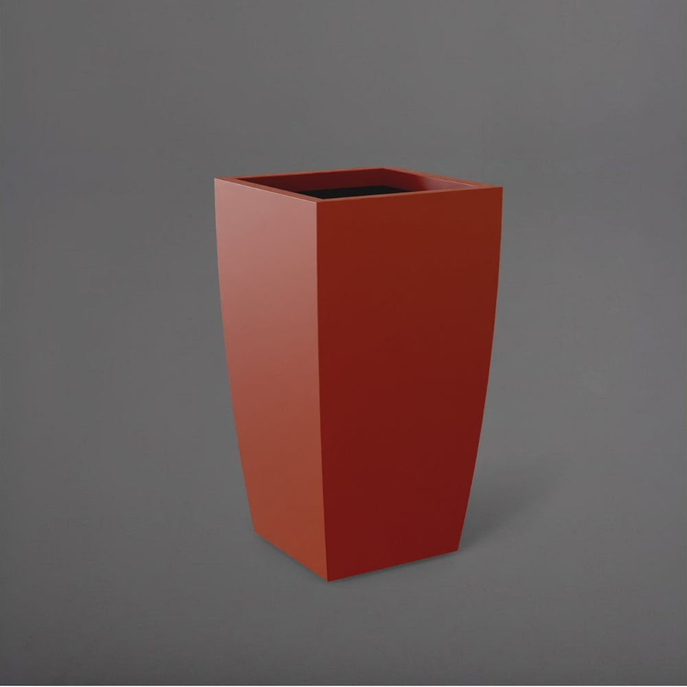 Toulan Tall Tapered Square Fiberglass Planter in matte terra cotta against gray background.