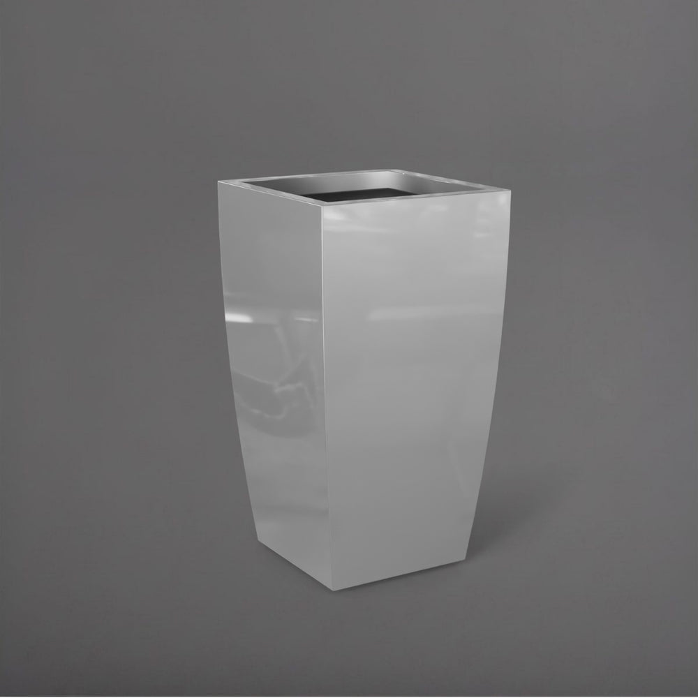 Toulan Tall Tapered Square Fiberglass Planter in metallic silver against gray background.