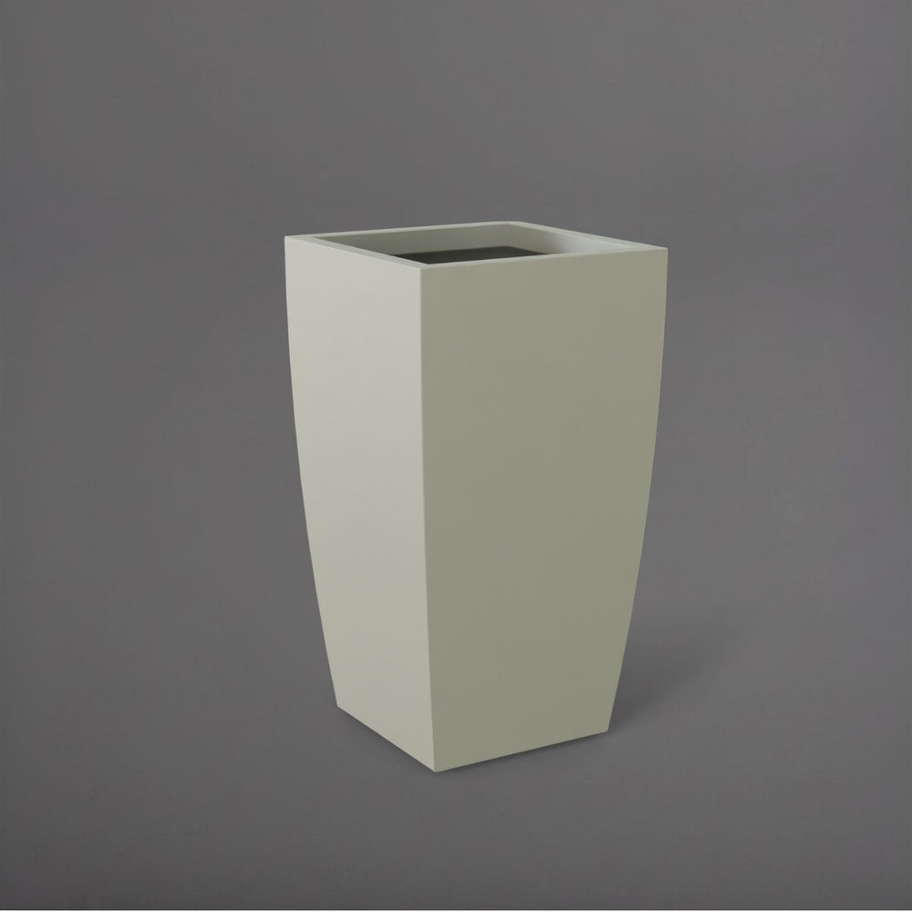 Toulan Tall Tapered Square Fiberglass Planter in satin beige against gray background.