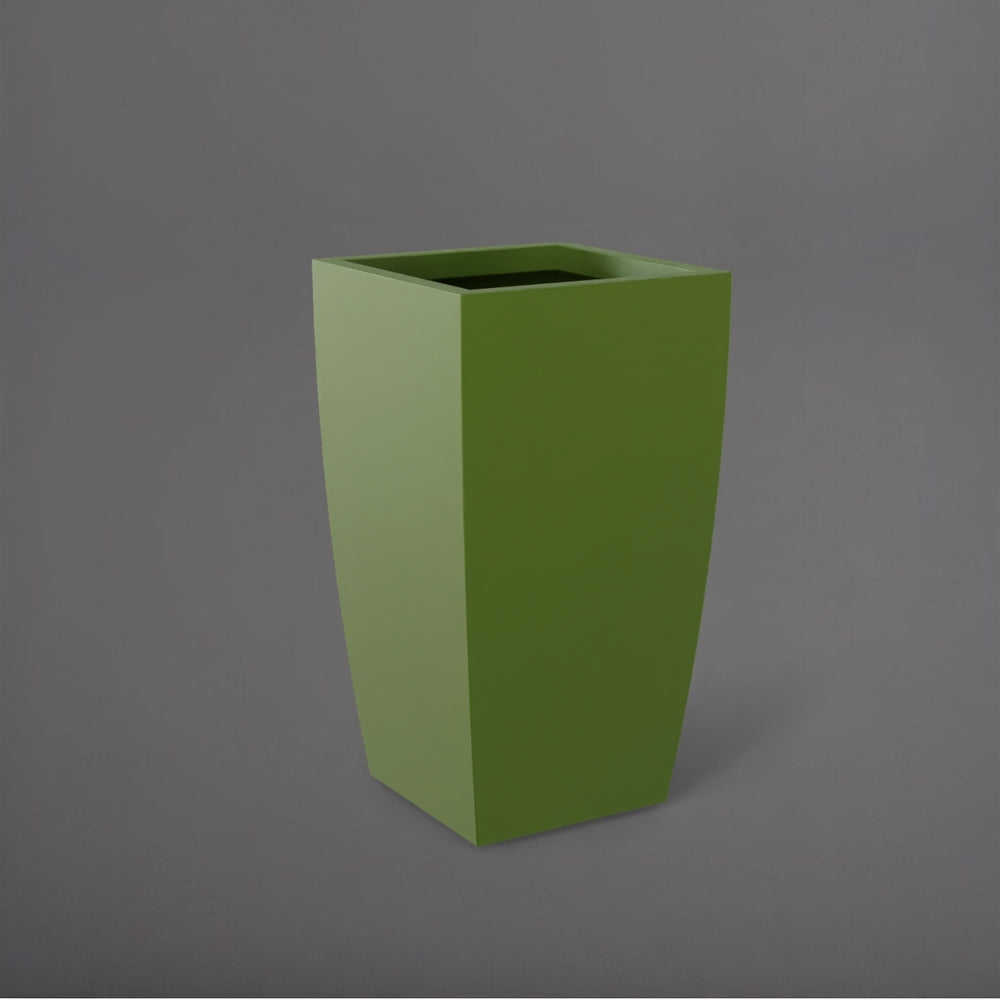 Toulan Tall Tapered Square Fiberglass Planter in satin green against gray background.