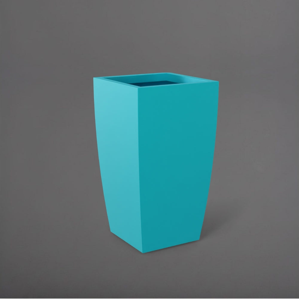 Toulan Tall Tapered Square Fiberglass Planter in satin seafoam green against gray background.