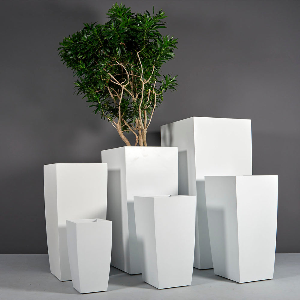 Toulan Tall Tapered Square Fiberglass Planter shown with different sizes against gray background.