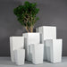 Toulan Tall Tapered Square Fiberglass Planter shown with different sizes against gray background.
