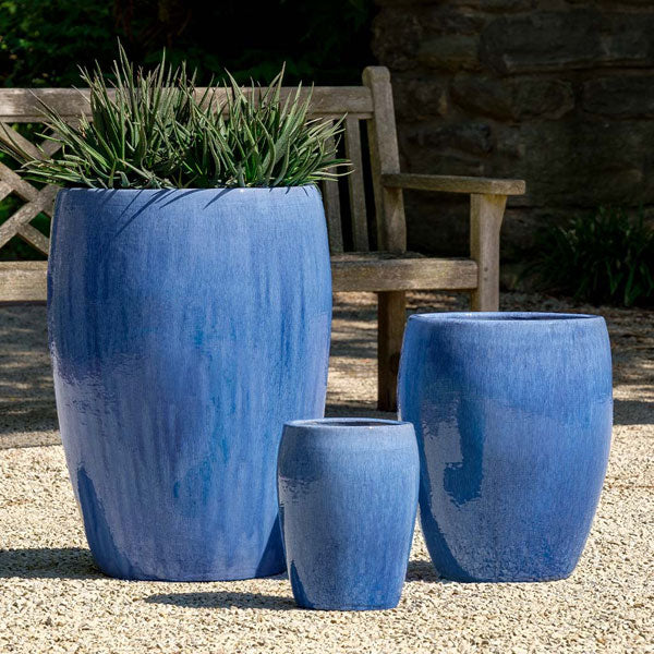 Trieste Planter - Marrakesh Blue - S/3 on gravel against wooden chair