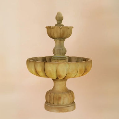 Urbino Grande Short Two Tier Fountain against brown background.