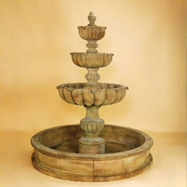 Urbino Grande Tall Three Tier Pond Fountain against brown background.