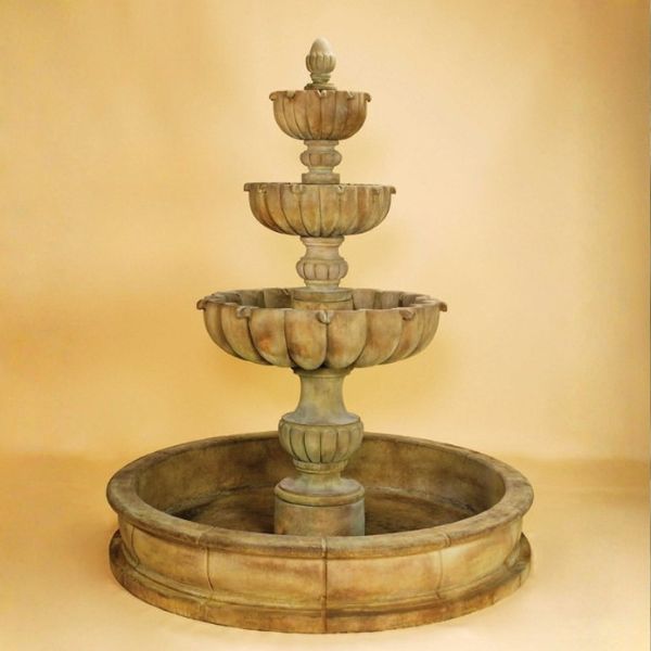 Urbino Grande Tall Three Tier Pond Fountain against brown background.