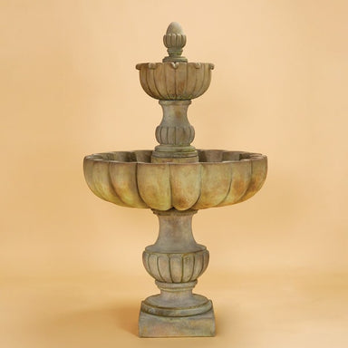Urbino Grande Tall Two Tier Fountain against brown background.