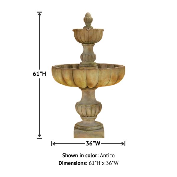 Urbino Grande Tall Two Tier Fountain against white background with product details.