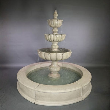 Urbino Grande Three Tier Easy Pond Fountain against gray background.