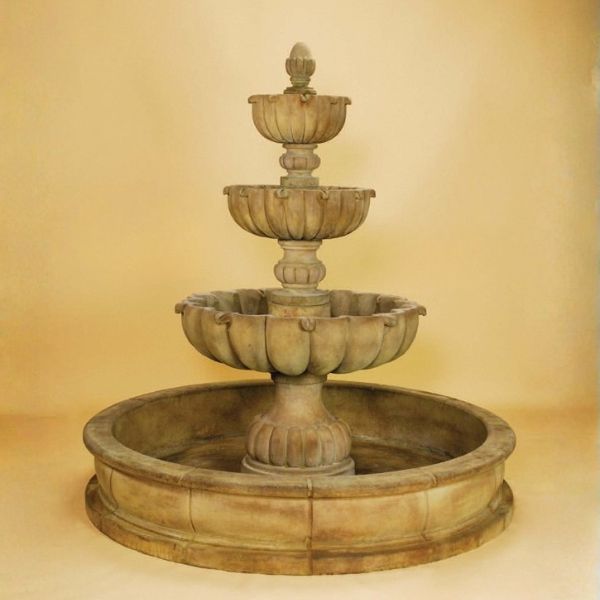 Urbino Grande Three Tier Pond Fountain against brown background.