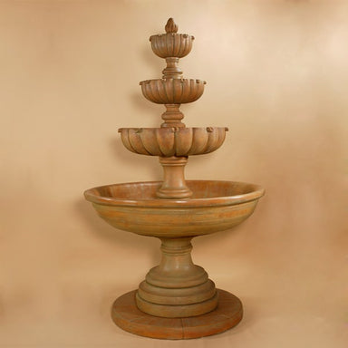 Urbino Maximus Four Tier Fountain against brown background.