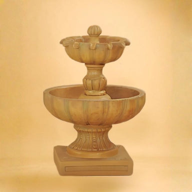 Urbino Two Tier Fountain against brown background.