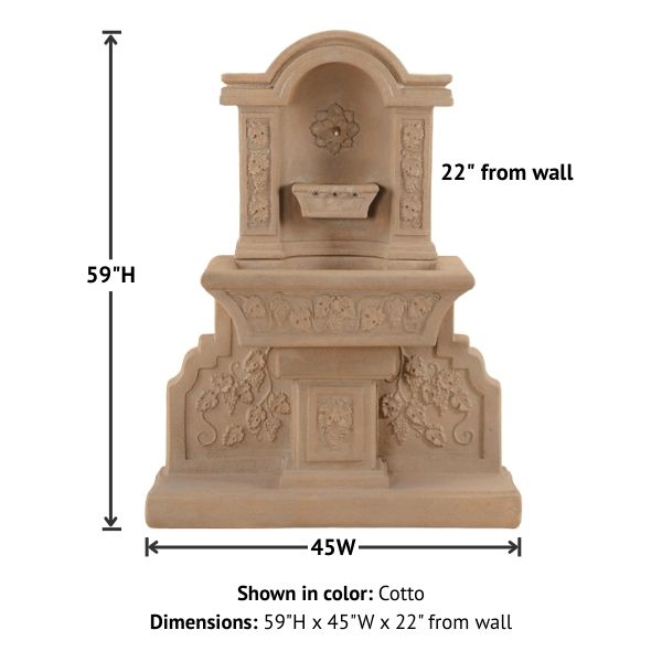 Uva Wall Fountain against white background with product details.
