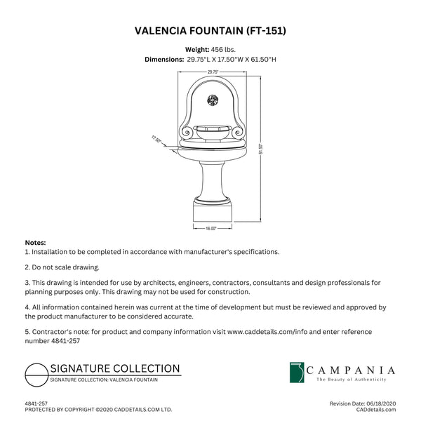 CAD drawing of the Valencia Fountain with dimensions, weight, and manufacturer notes.