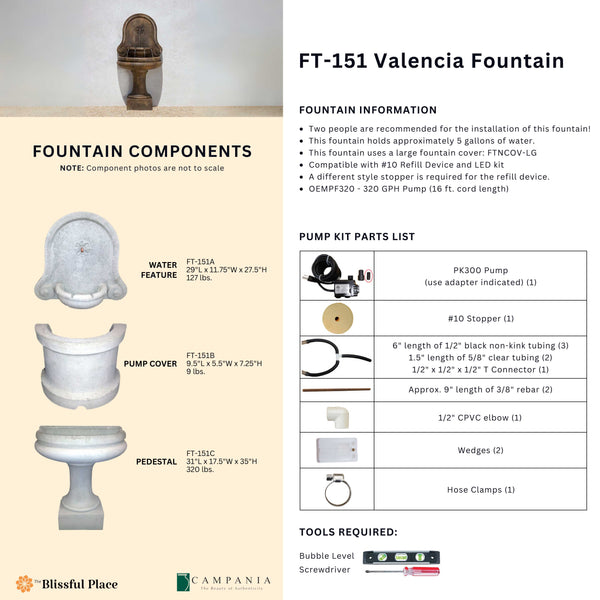 Complete overview of the Valencia Fountain with dimensions, weights, pump kit parts, tools, and general info.