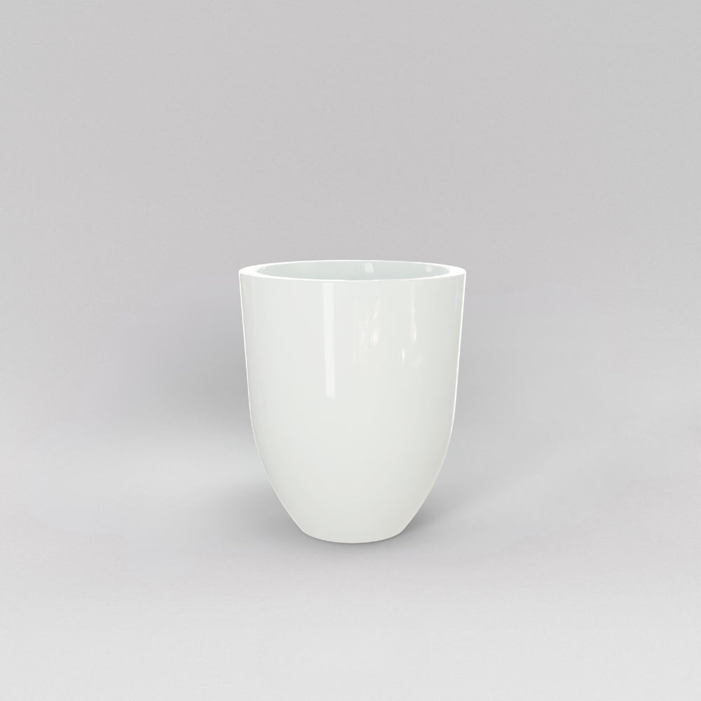 Valencia Tapered Round Fiberglass Planter in gloss bright white against gray background.