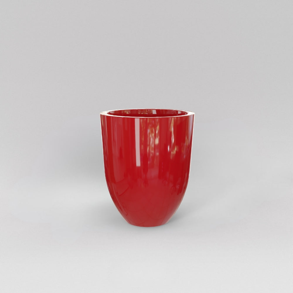 Valencia Tapered Round Fiberglass Planter in gloss red against gray background.