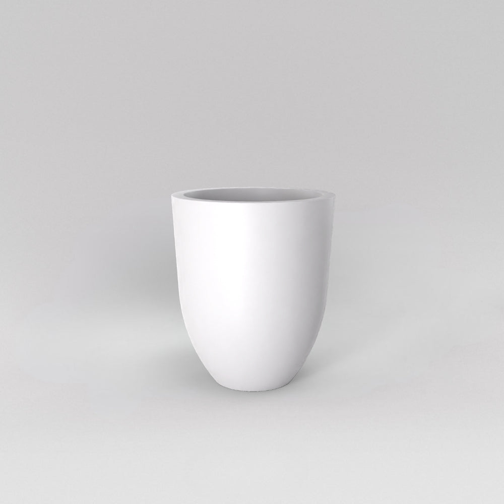 Valencia Tapered Round Fiberglass Planter in matte bright white against gray background.