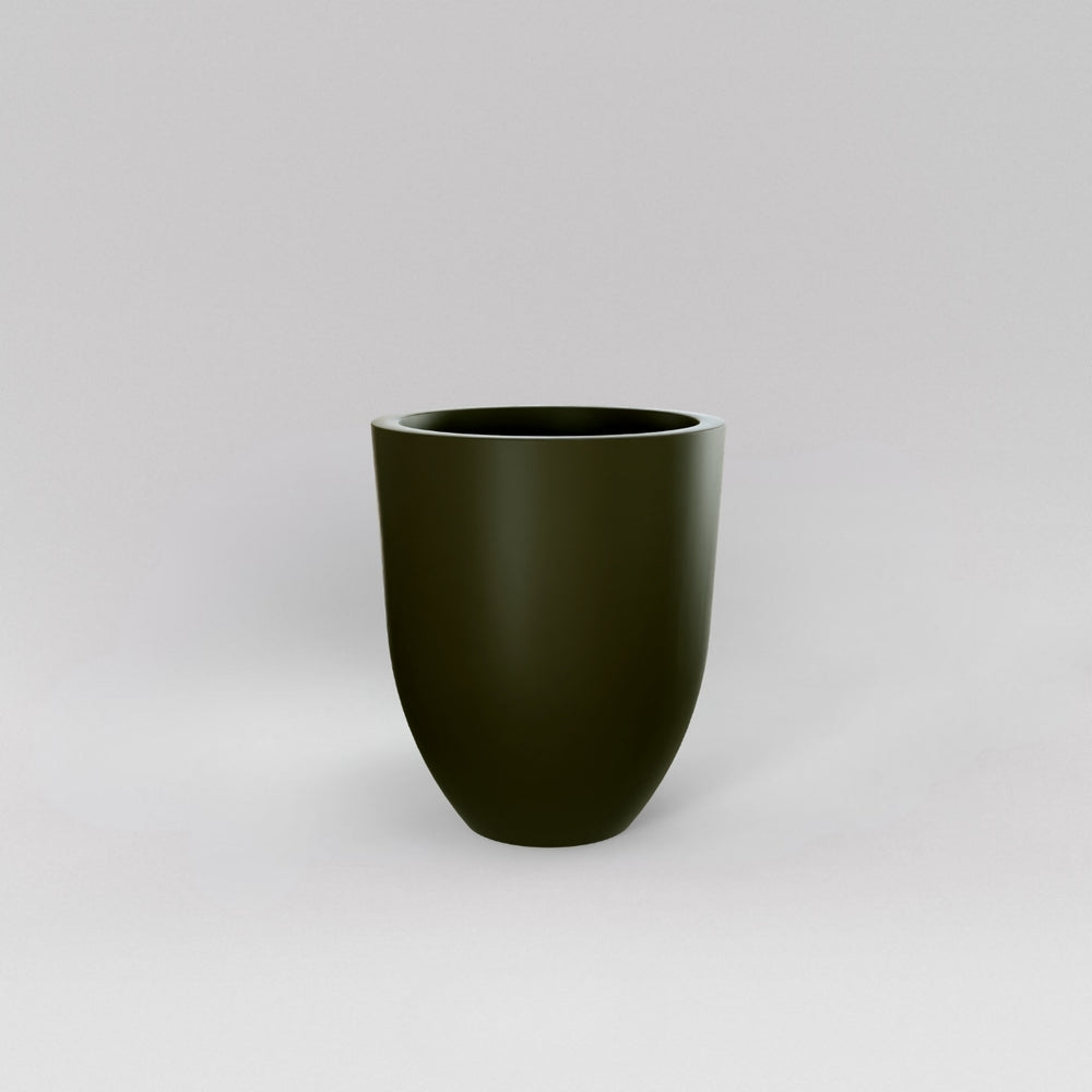 Valencia Tapered Round Fiberglass Planter in matte bronze against gray background.