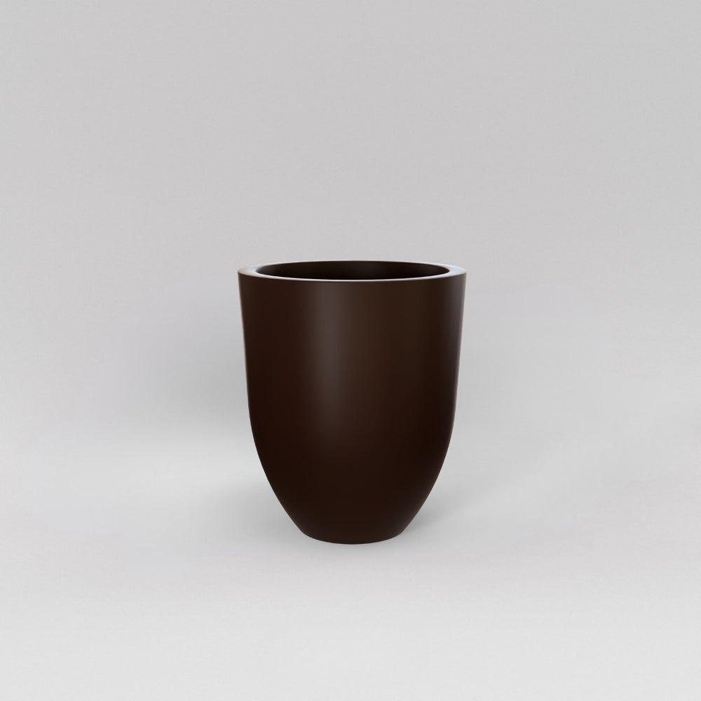 Valencia Tapered Round Fiberglass Planter in matte dark brown against gray background.
