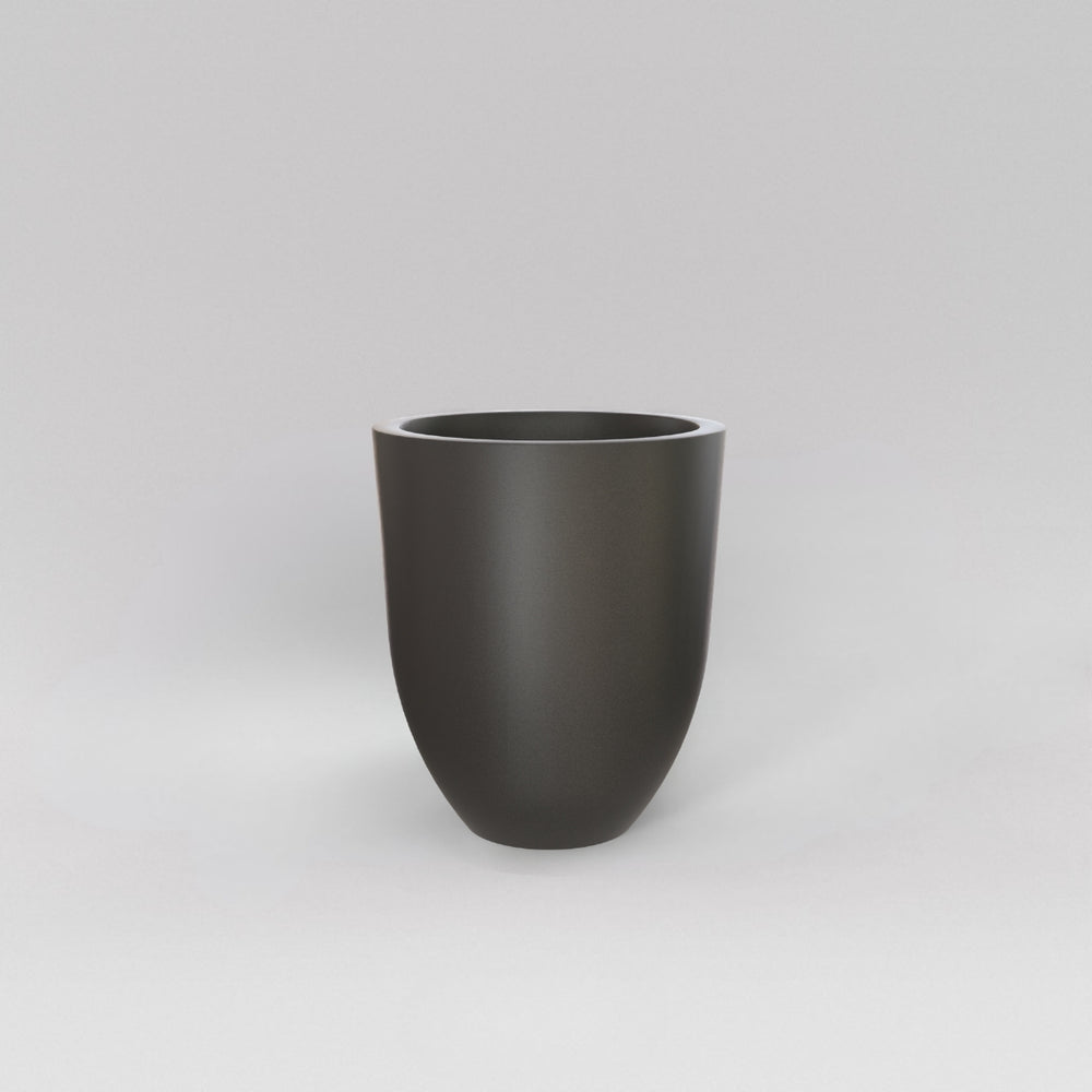 Valencia Tapered Round Fiberglass Planter in matte gunmetal against gray background.