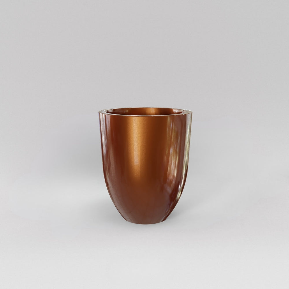 Valencia Tapered Round Fiberglass Planter in metallic bronze against gray background.