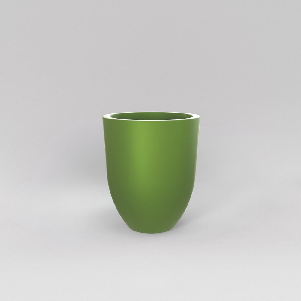 Valencia Tapered Round Fiberglass Planter in satin green against gray background.