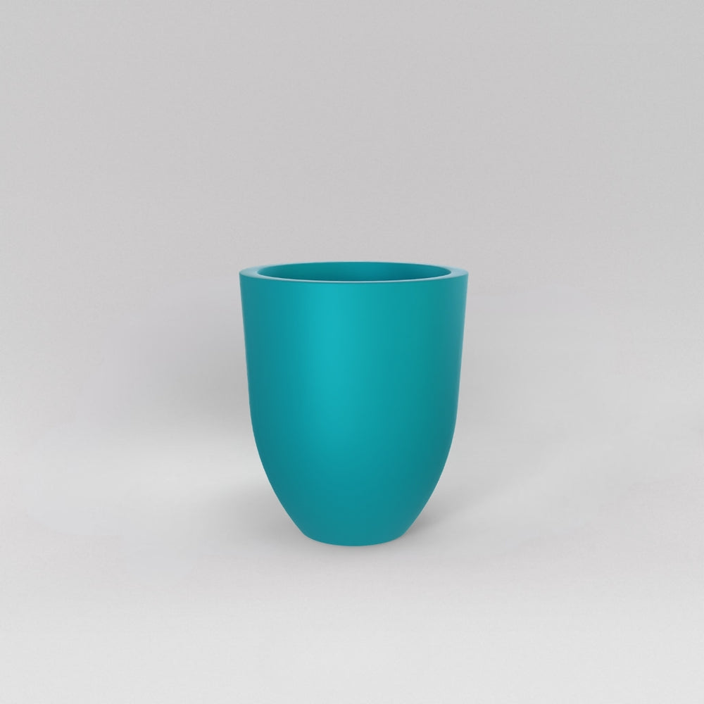 Valencia Tapered Round Fiberglass Planter in satin seafoam green against gray background.
