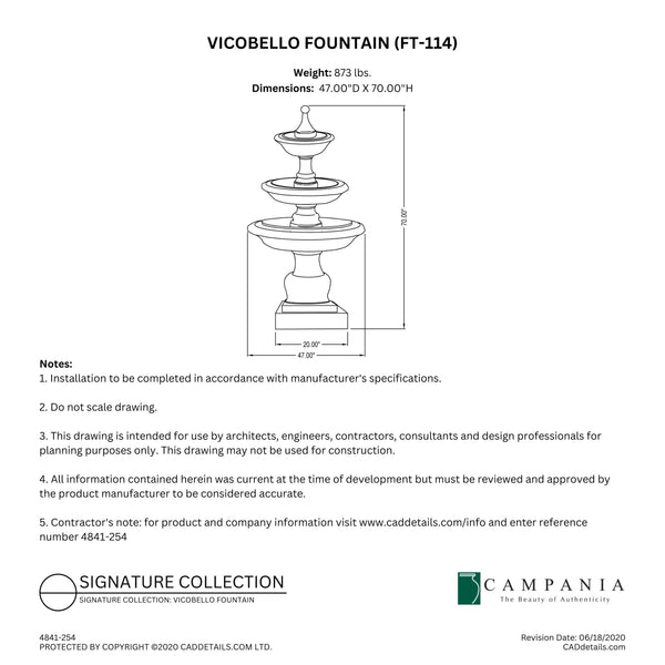 CAD drawing of the Vicobello Fountain with dimensions, weight, and manufacturer notes.